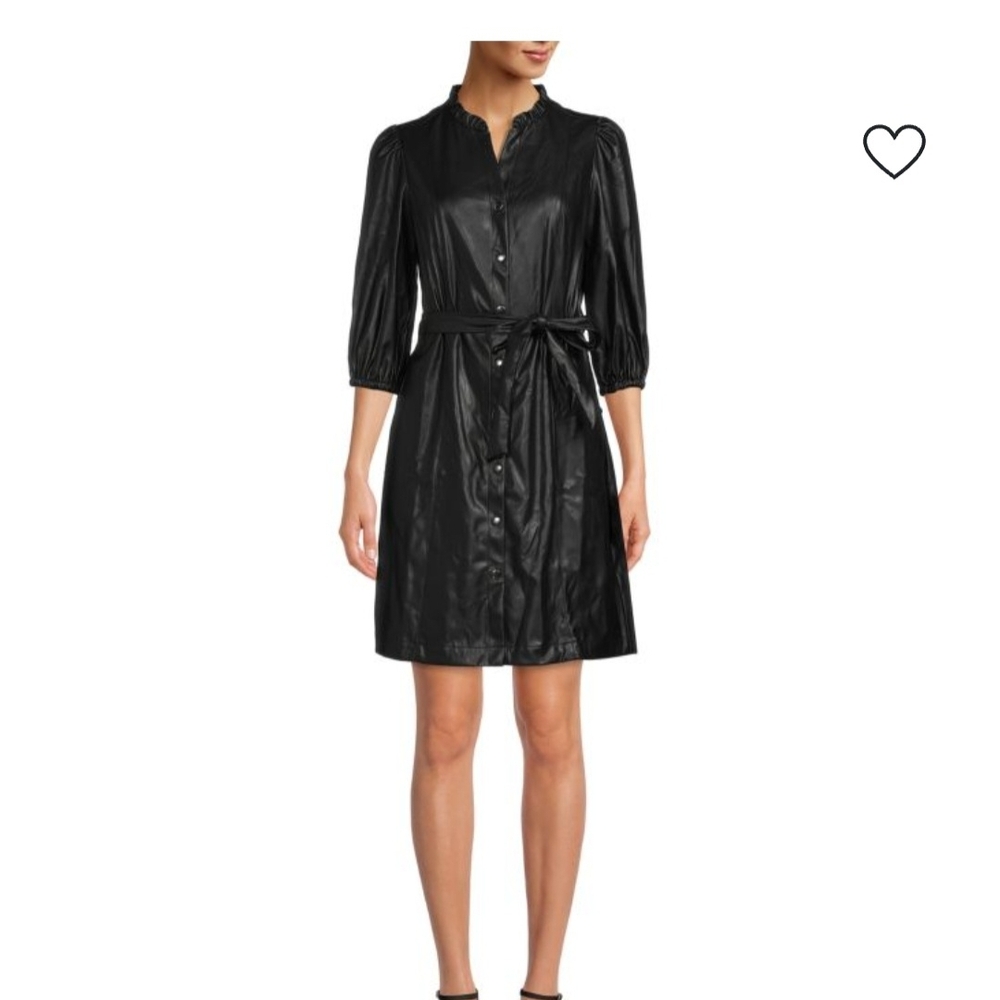 Nanette Lepore Faux Leather Belted  Black Button Up Midi Dress Sz 4 - Picture 2 of 9